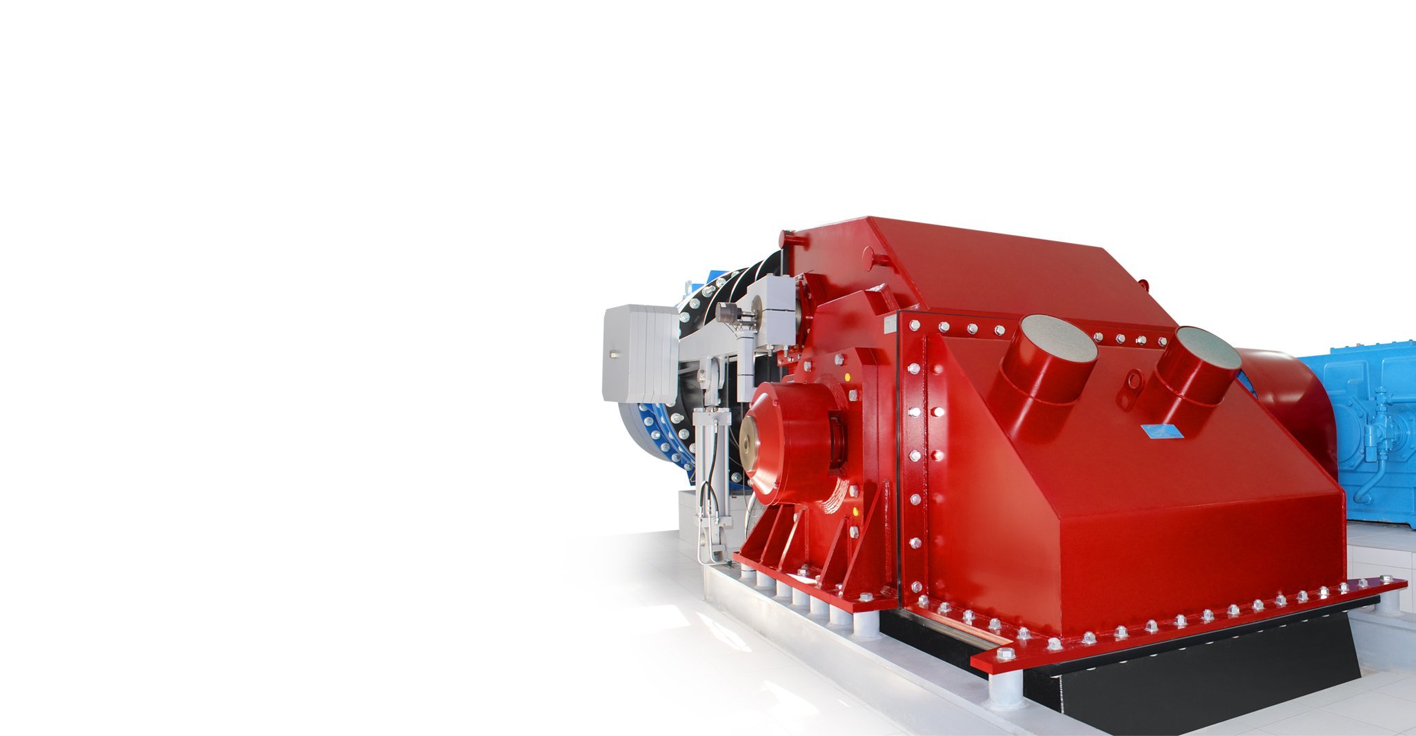 A red CINK Cross-Flow turbine with horizontal-shaft casing and inlet valve, photographed against a white studio background